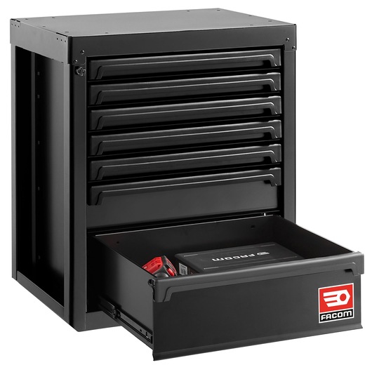 Facom RWS2-MBS7TBS black tool chest with seven drawers, lower drawer open with tools, front angle, photography