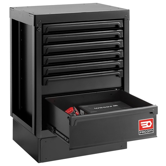 Facom RWS2-MBS7TBS black tool storage cabinet with seven drawers, front angle, open lower drawer.