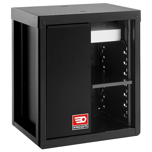 Photo of Facom black metal storage cabinet with sliding door, RWS2-MBSERBS, front angle.