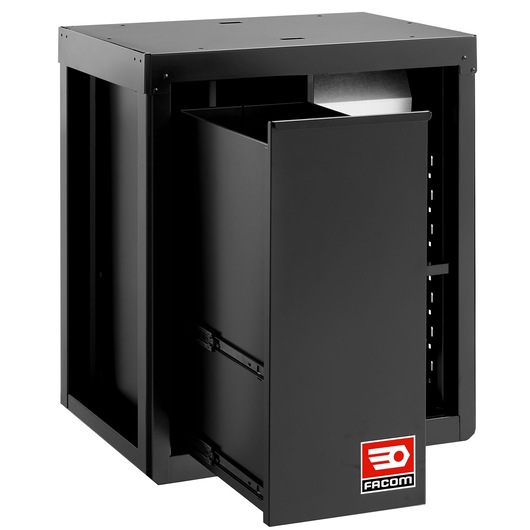 Facom RWS2-MBSERBS black metal cabinet with pull-out bin, angled front view, visible Facom logo.