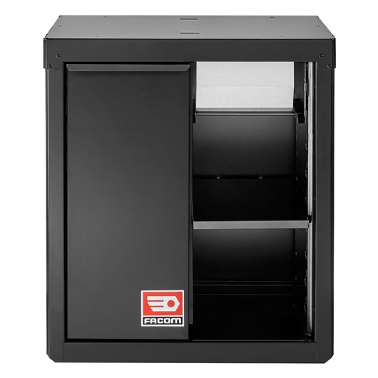 Facom black metal cabinet RWS2-MBSERBS with sliding door and two shelves, front view, photography product.