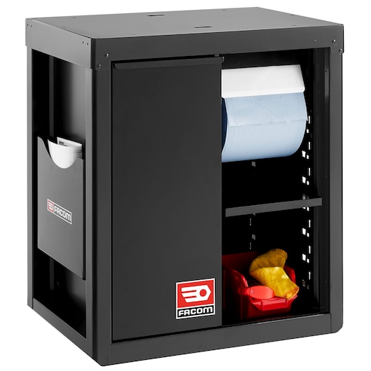 Facom RWS2-MBSERBS black metal workshop storage cabinet with sliding door, paper roll holder, and inner shelf, photo angled right.