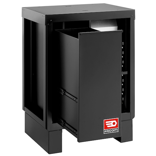 Facom RWS2-MBSERBS black metal cabinet with sliding bin, photography, front angle.
