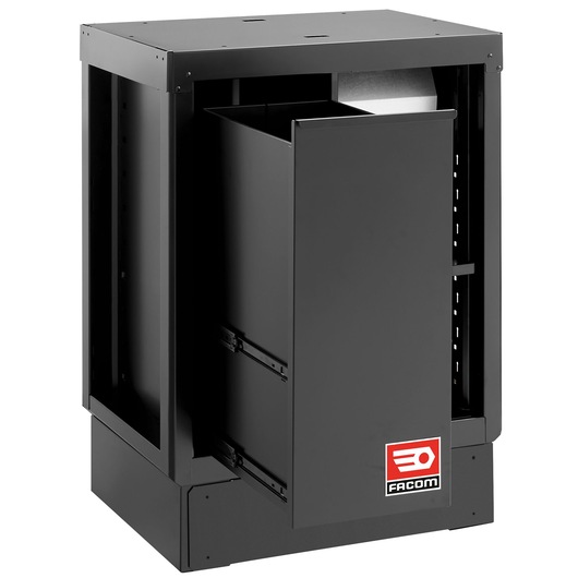 Facom RWS2-MBSERBS black metal cabinet with pull-out bin, product photography, front angle.
