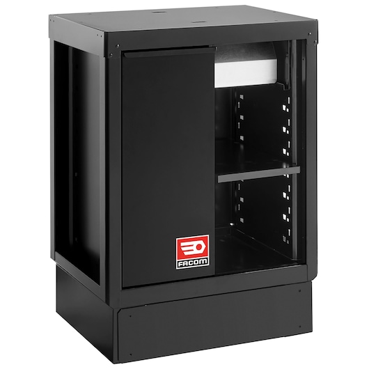 Facom RWS2-MBSERBS black metal storage cabinet with sliding door and shelf, front angle photo.