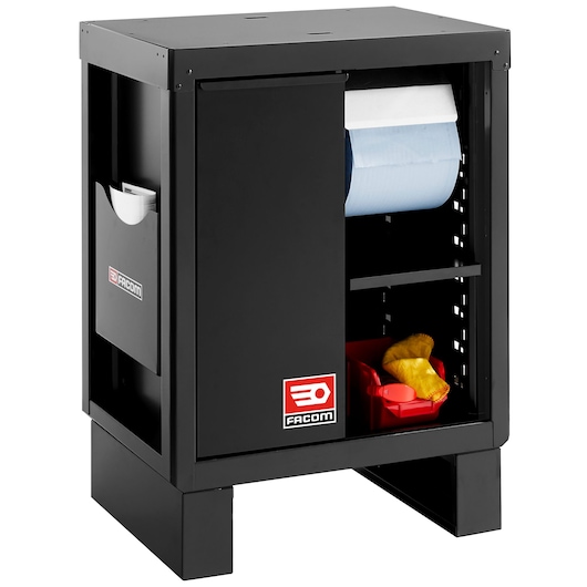 Facom black metal cabinet with side pocket, paper roll and red bin, SKU RWS2-MBSERBS, front angle.