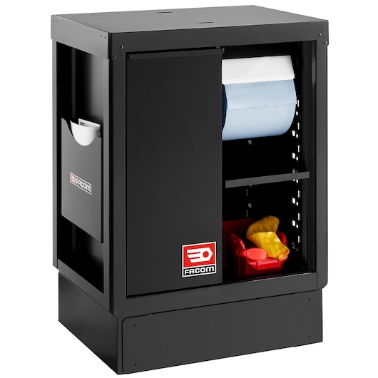 Facom RWS2-MBSERBS black workshop cleaning station with paper roll holder, shelf, and side document pocket, angled view.
