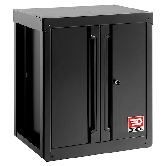Photo of Facom RWS2-MBSPPBS black metal storage cabinet with double doors, lock, and Facom logo, front angle.