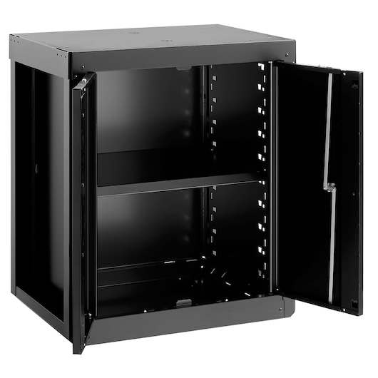 Facom RWS2-MBSPPBS black metal wall cabinet with open double doors and single shelf, front angle, white background.