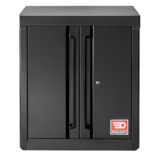 Facom RWS2-MBSPPBS black metal storage cabinet, front angle, double doors, Facom logo visible.