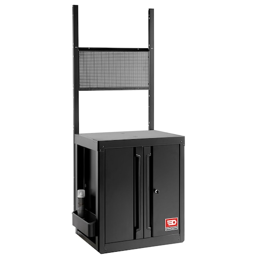 Facom RWS2-MBSPPBS black metal storage cabinet with dual doors, perforated panel, and side holder, front angle.
