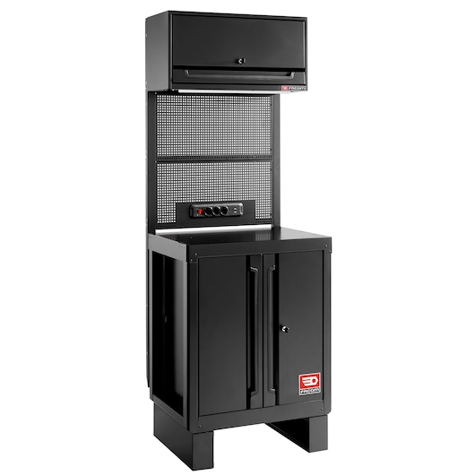 Facom RWS2-MBSPPBS black metal storage cabinet with upper compartment, perforated panel, and lower doors, front angle.