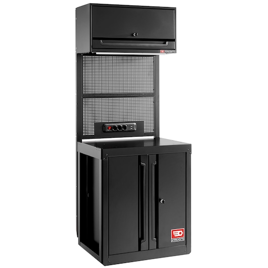 Facom RWS2-MBSPPBS black metal storage workstation with cabinet, upper drawer, pegboard, and power outlets, front angle.