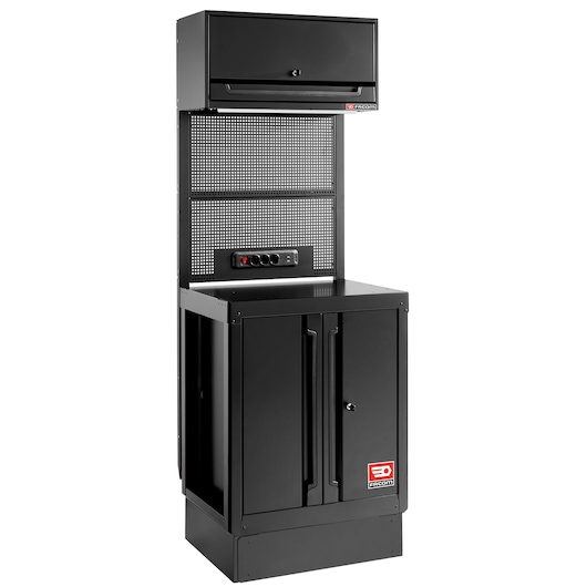 Photo of Facom RWS2-MBSPPBS black modular tool cabinet with upper compartment, pegboard, power strip, and double-door base, angled view.