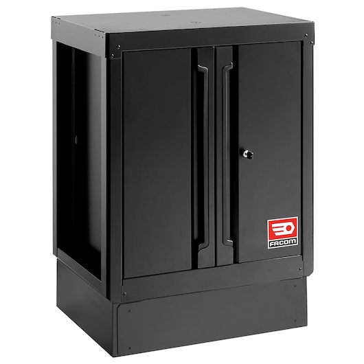 Facom RWS2-MBSPPBS black metal storage cabinet with double doors and lock, photographed at angle on white background.