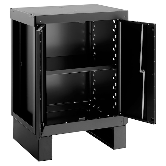 Facom RWS2-MBSPPBS black metal storage cabinet with open double doors and adjustable shelf, front angle.