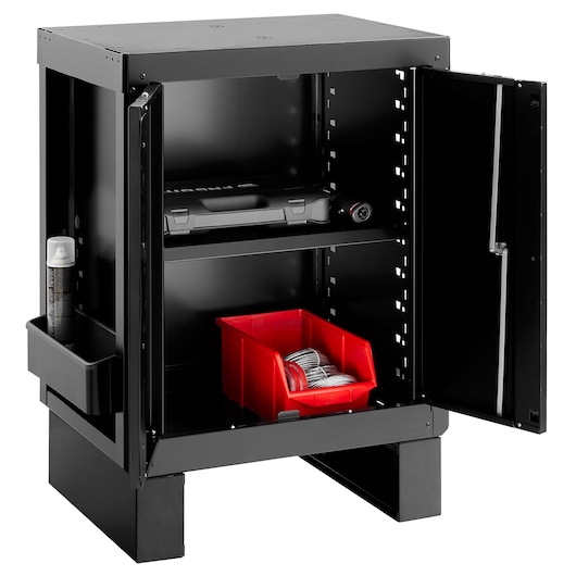 Facom RWS2-MBSPPBS black metal cabinet with open doors, shelf, red storage bin, and tools, front angle