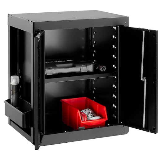 Facom black metal storage cabinet RWS2-MBSPPBS with open doors, red bin, and shelf, front angle photo.