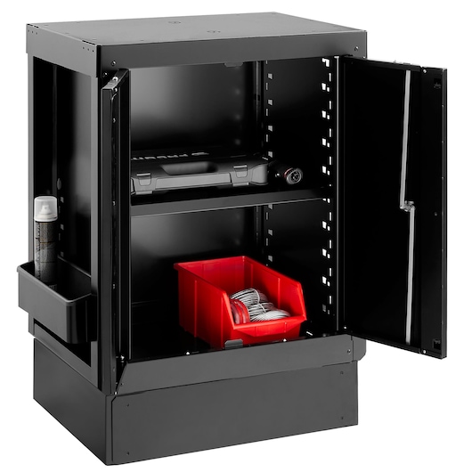 Facom RWS2-MBSPPBS black metal storage cabinet with open doors, red bin, shelf, side organizer, front angle.