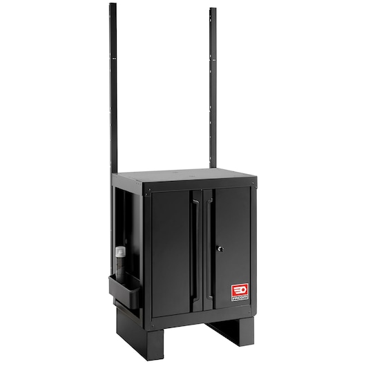 Photo of Facom RWS2-MBSPPBS black metal storage cabinet with two doors, side bin, upright frame, front angle, white background.