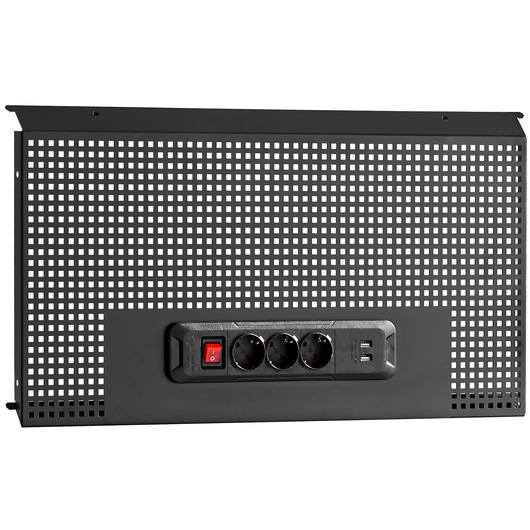 Photo of Facom RWS2-PPAV1USBBS black perforated panel with three power outlets, USB ports, and red switch, front angle.