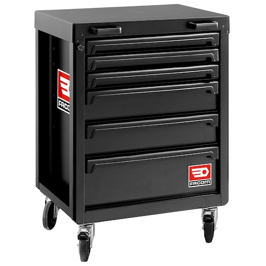 Photo of Facom RWS2-ROLL6M3ABS black mobile tool chest with six drawers and casters, angled front view.