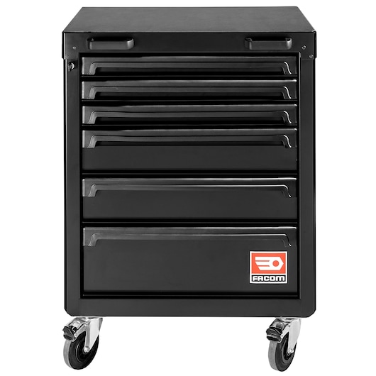 Facom RWS2-ROLL6M3ABS black tool cabinet with seven drawers on wheels, front view, white background.