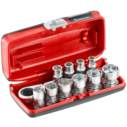 Facom RXPICOPB socket set with ratchet and sockets in red plastic case, product photography, front angle.