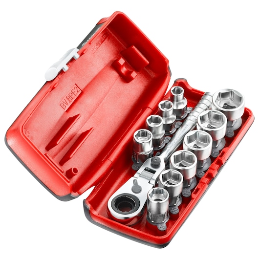 Facom RXPICOPB socket set with ratchet and multiple sockets in a red plastic case, top view.