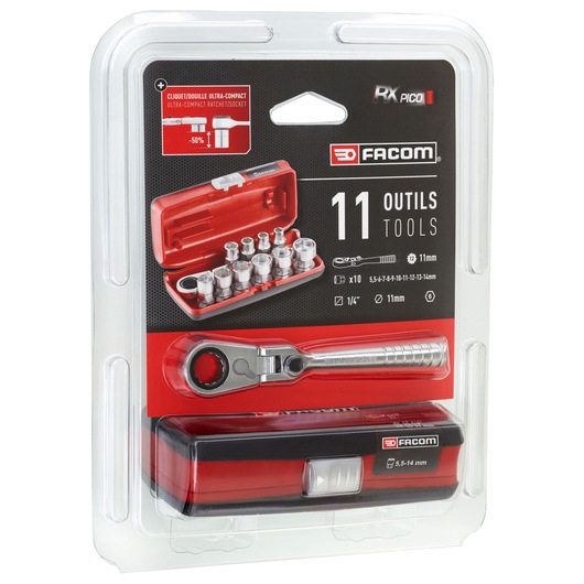 Photo of Facom RXPICOPB ratchet and socket set, 11-piece kit in red compact box, front packaging view.