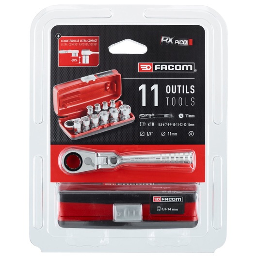 Facom RXPICOPB compact 11-piece ratchet and socket set in red and black case, product seen in packaging, front angle.