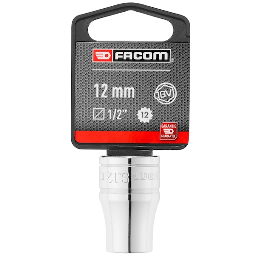 Facom S_12APB chrome 12 mm socket with retail packaging, front angle on white background.