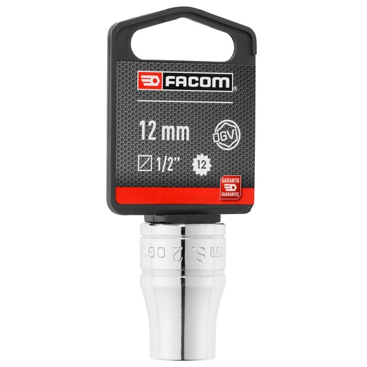 Facom 12 mm 1/2 inch 12-point socket, chrome finish, product front view, SOCKET_1/2_12PT__12MM.