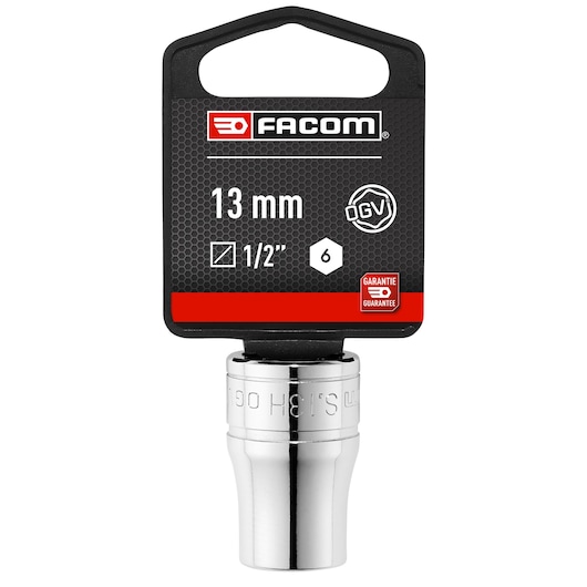 Facom 13 mm 1/2 inch 6-point socket, SKU SOCKET_1/2_6PT_13MM, chrome finish, front view on white background.