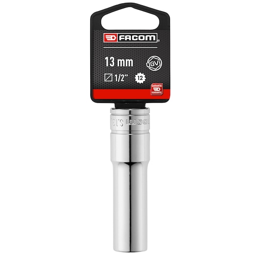 Facom 13 mm 1/2 inch long chrome socket S_13LAPB, front angle with black and red label on white background.