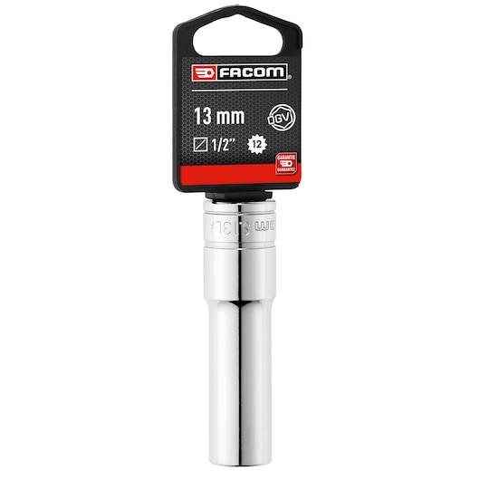 Facom 13 mm chrome long socket, 1/2 inch drive, SKU S_13LAPB, product shown upright on white background.