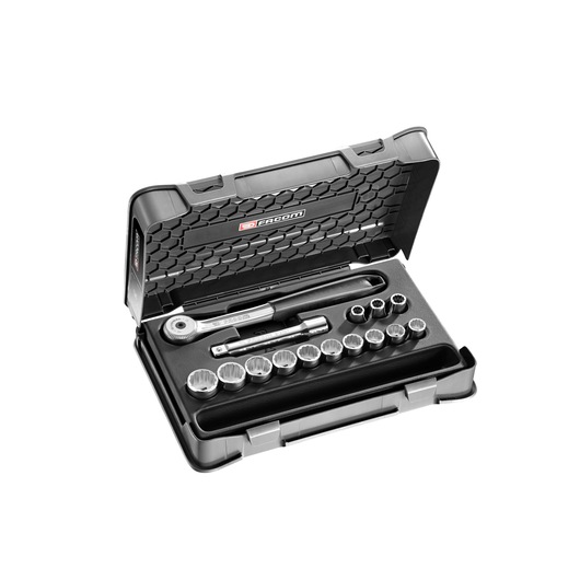 Facom S_151-1P12 socket wrench set with ratchet, extensions, and sockets in black hard case, top angle.