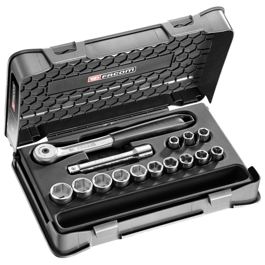 Facom S_151-1P6 socket wrench set with ratchet, extensions, and multiple sockets in black hard case, angled view.