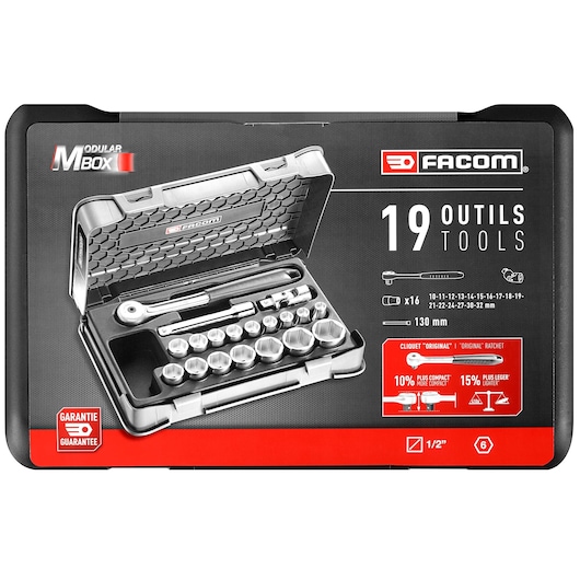 Facom S.151-2P6PB socket and ratchet set, 19-piece, in black hard case, top-down angle, product photography.