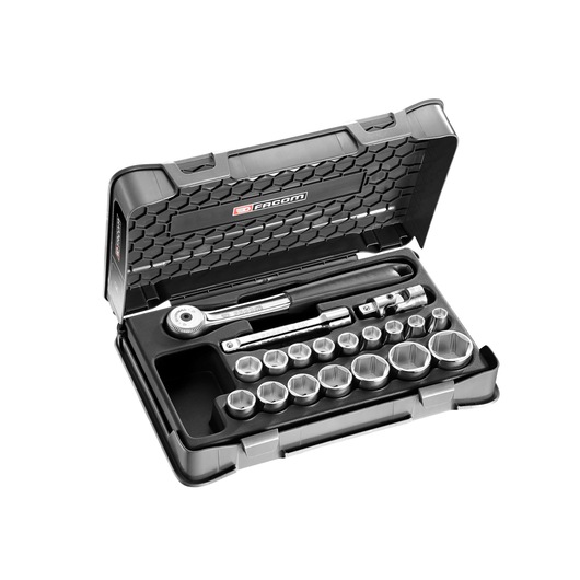 Facom socket wrench set S_151-2P6 in black hard case, photo from angled top view.