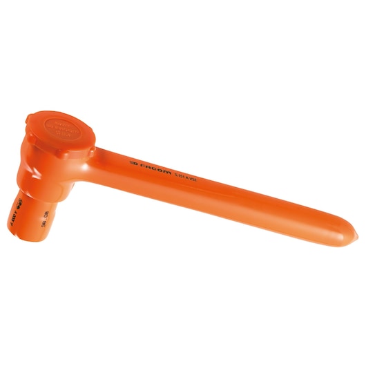 Photo of Facom S_151AVSE insulated orange ratchet wrench, side angle, with labeled handle and protective coating.