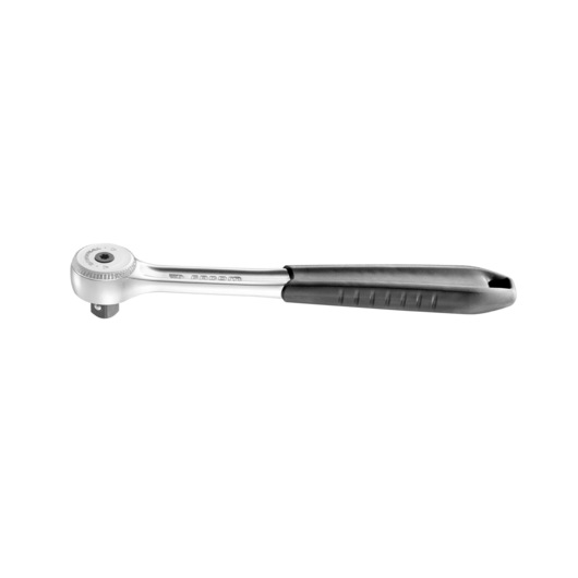 Facom S_151B photography of metal ratchet wrench with black handle on white background, side view.