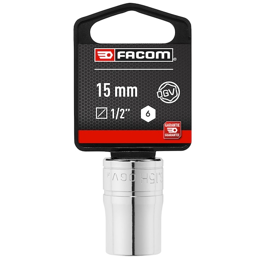 Facom 15mm 1/2 inch 6-point socket, chrome finish, front view, SOCKET_1/2_6PT_15MM.