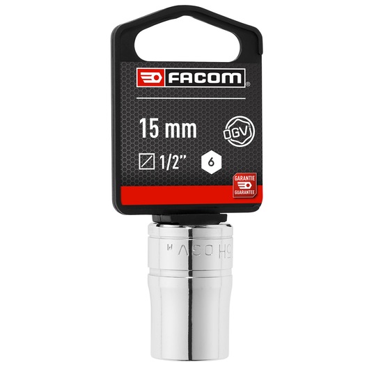 Facom S_15HPB 15mm 1/2 inch drive socket, chrome finish, hex pattern, product shown on white background, front view.