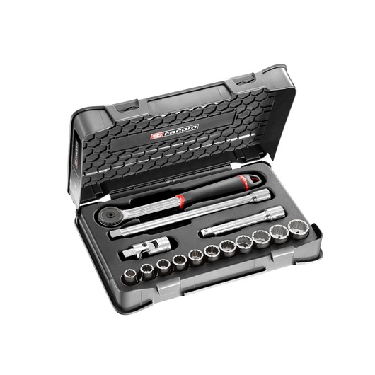 Facom S_161-1P12U socket and ratchet set in black plastic case, shown open with 12 sockets and accessories, angled view.