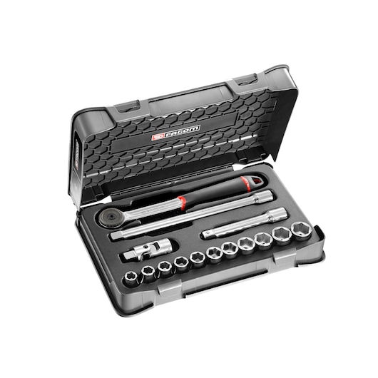 Facom S_161-1P6U socket wrench set in black case, top angle, includes ratchet and multiple sockets.