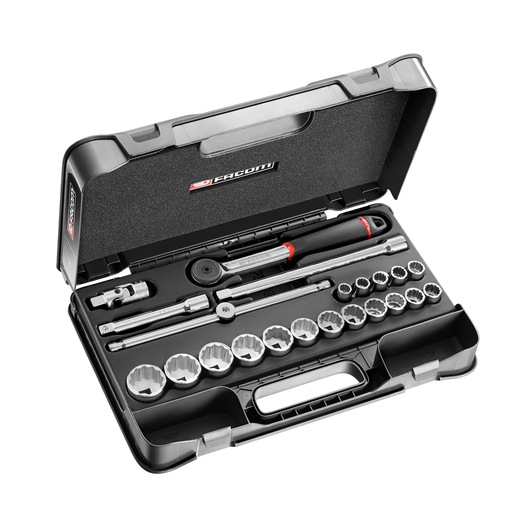 Facom S_161-2P12U socket wrench and accessory set in black plastic case, top angle.