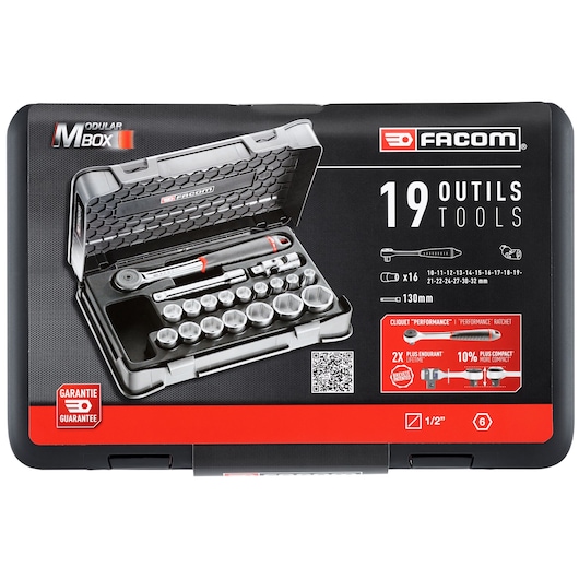 Facom S.161-2P6PB 19-piece socket set in black modular case, top view on white background.