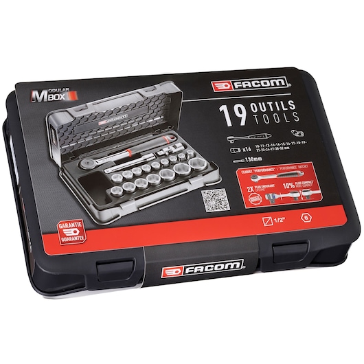 Photo of Facom S.161-2P6PB socket and ratchet set in black plastic case, showing 19 tools on angled white background.