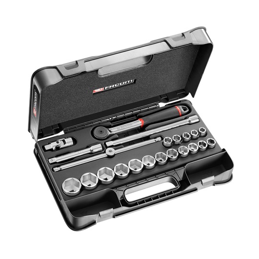 Facom S_161-2P6U socket wrench set in black plastic case, top front angle, multiple sizes organized.